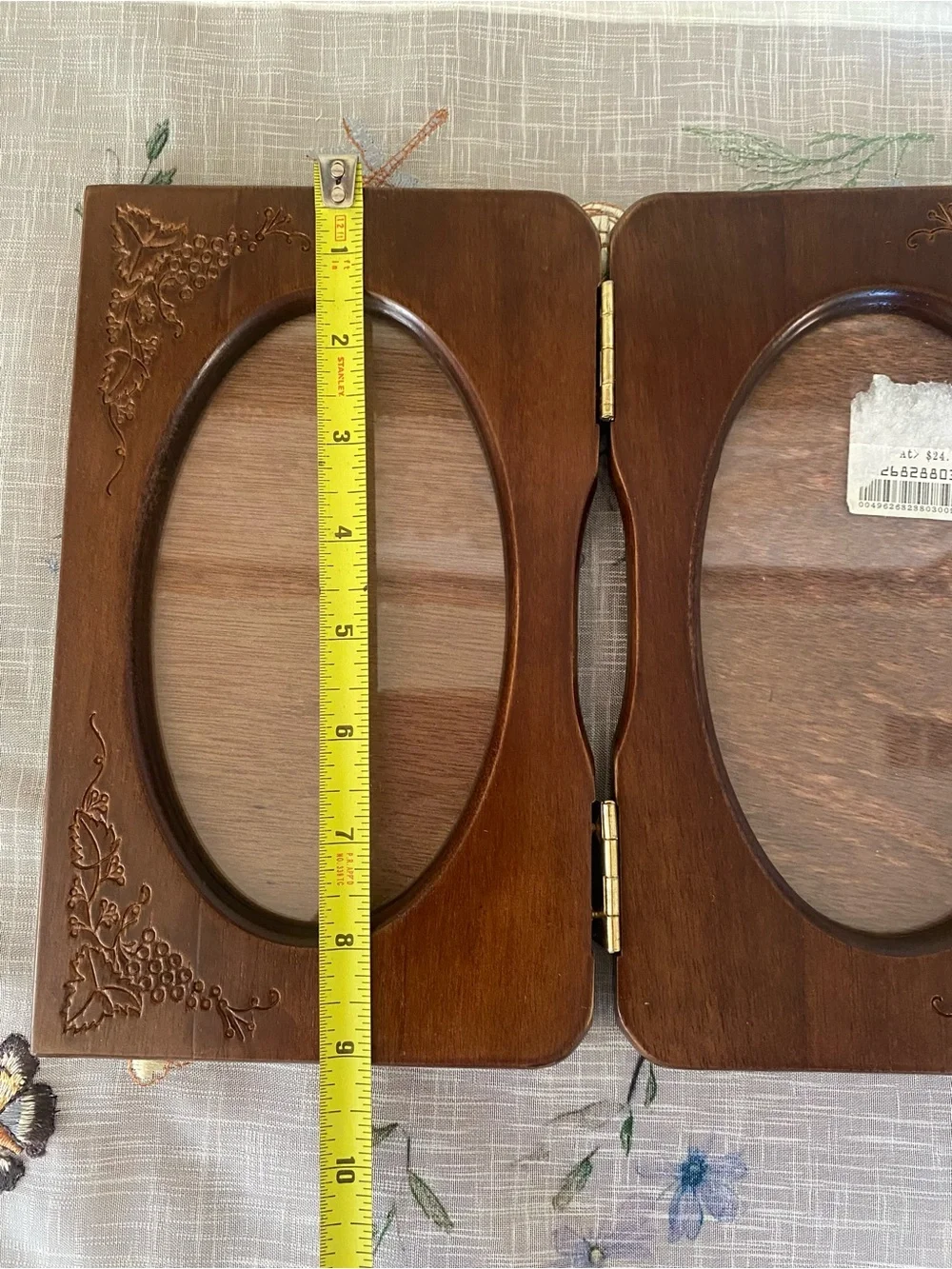 Vtg 1990 Double Oval Wooden Picture Frame - Brown Engraved New Frame